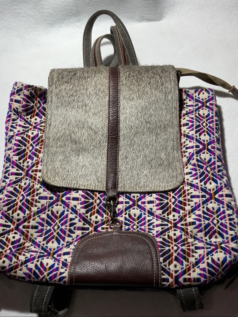 Myra Bag Multicolor Geometric Backpack with Gray Haircalf Flap